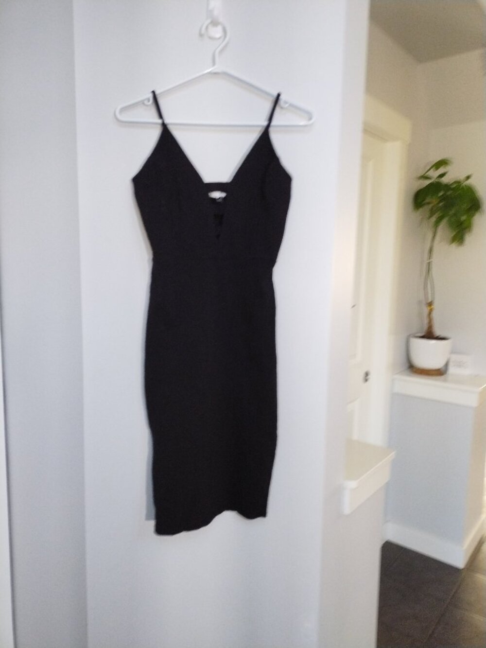 Spaghetti strap, v neck stretchy black dress